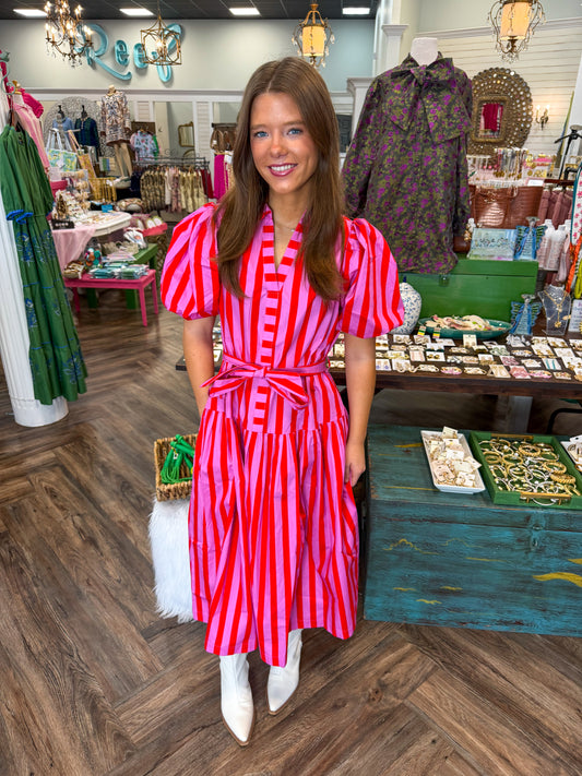 Striped Balloon Sleeve Midi