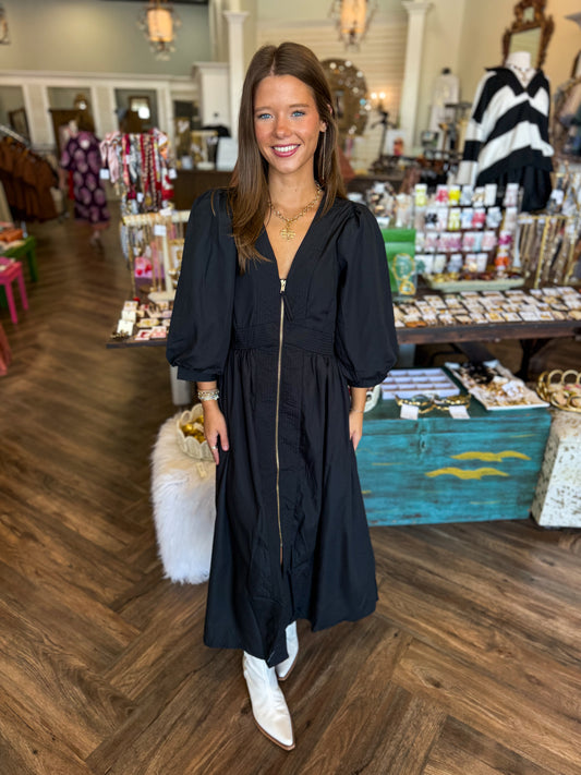 Solid Black Zipper Midi Dress