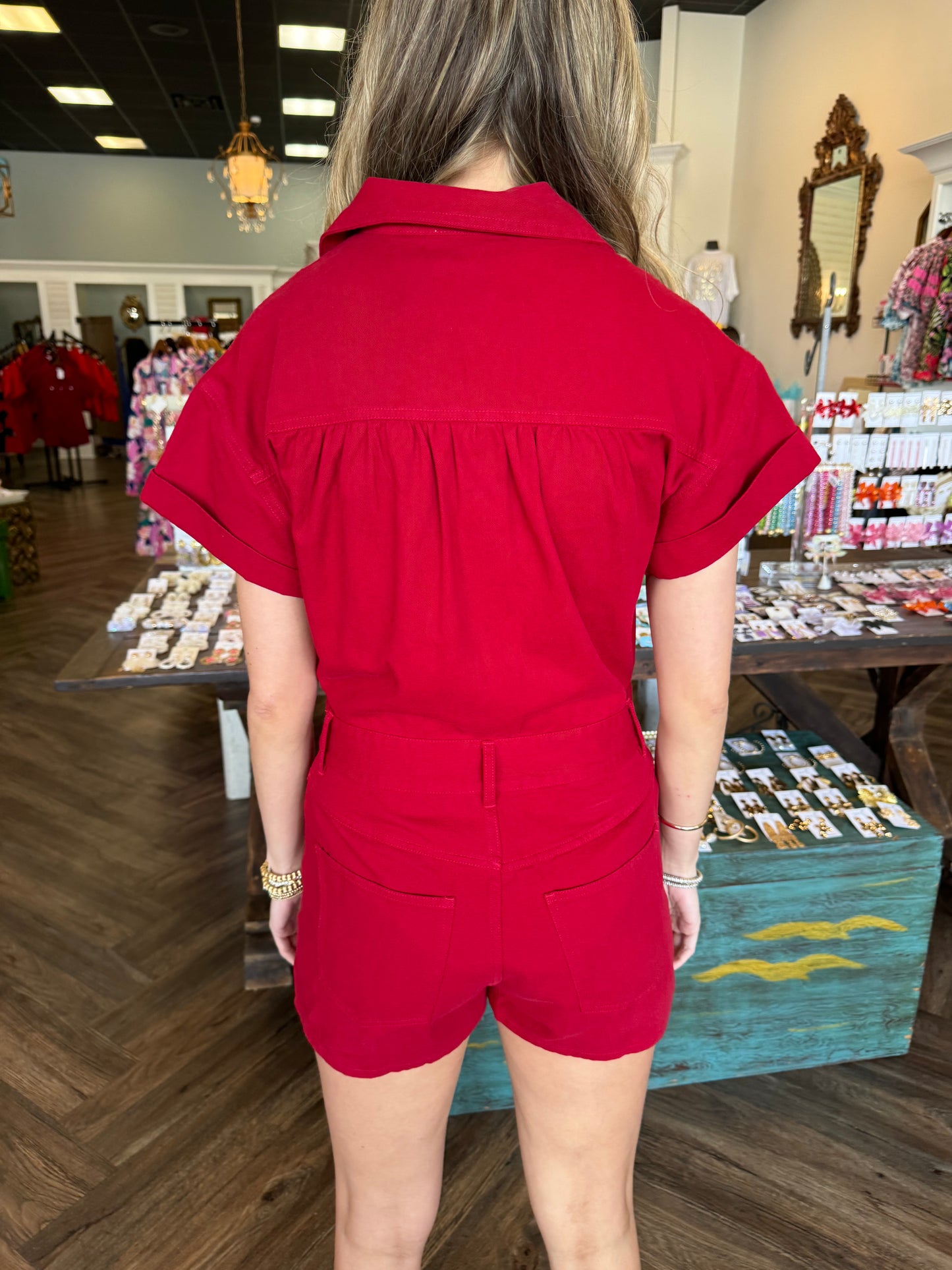 Crimson Denim Romper