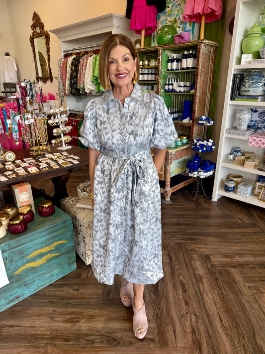 Jacquard Button Midi Dress: Grey