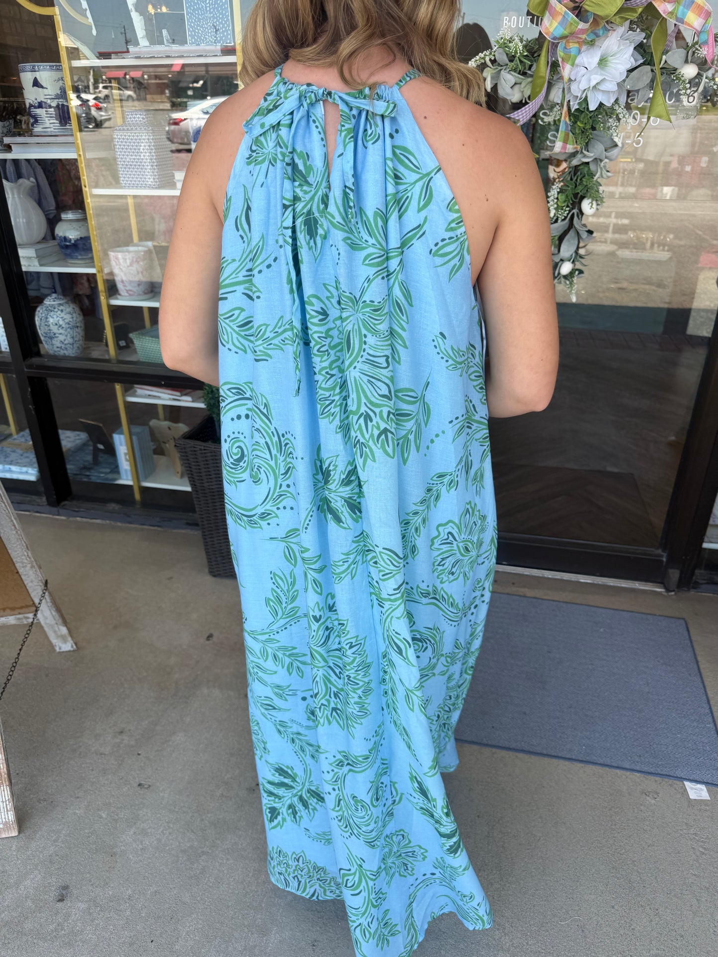 Greenery Blue Maxi Halter Dress