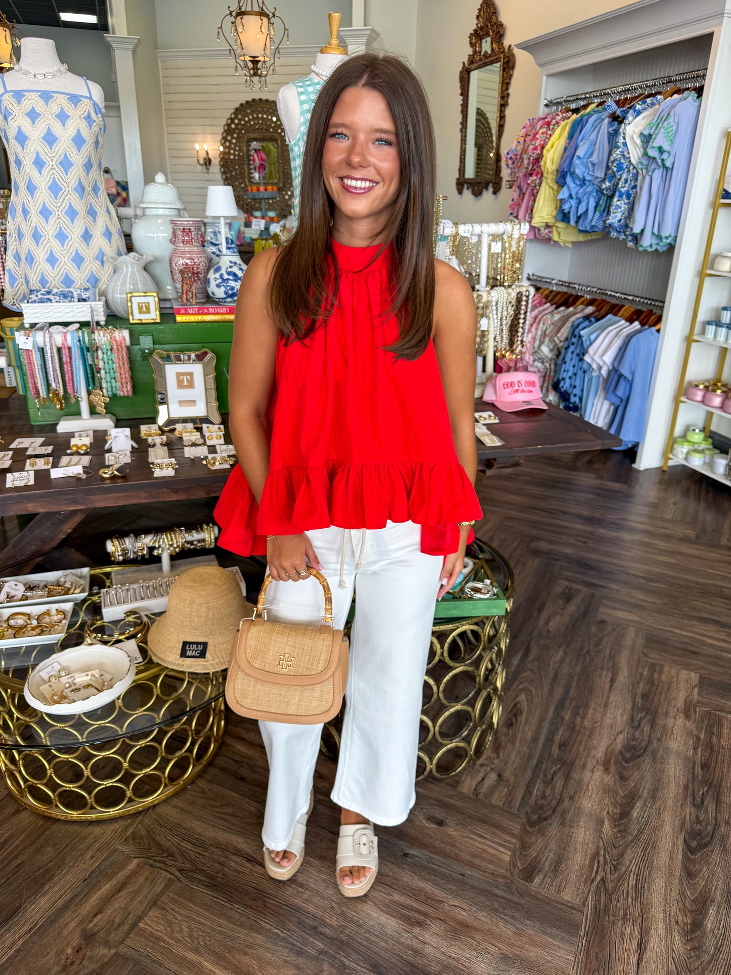 Red Ruffle Halter Tank Top