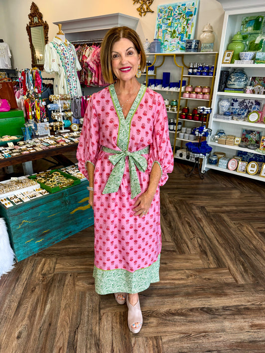 Green Trim Pink Midi Dress