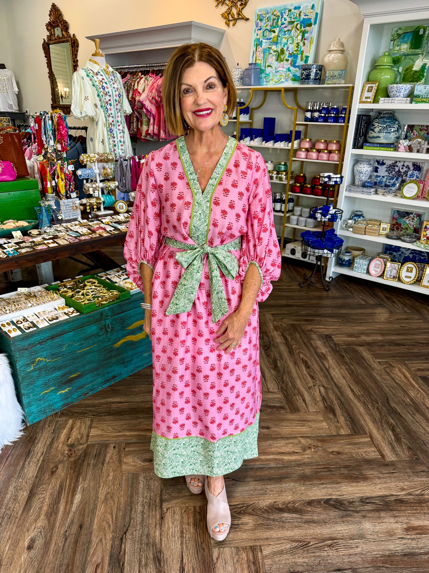 Green Trim Pink Midi Dress