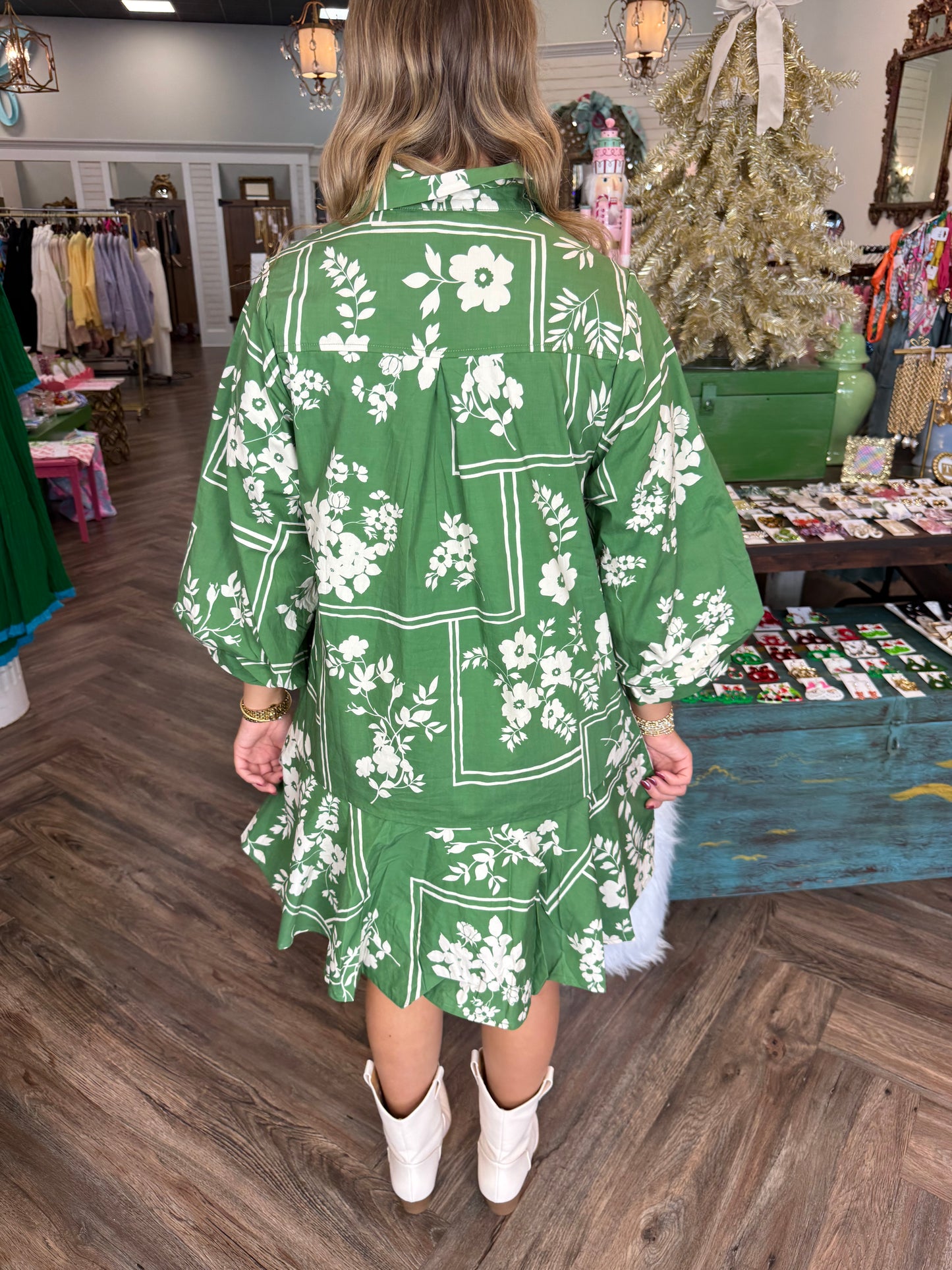 Green White Flower Dress