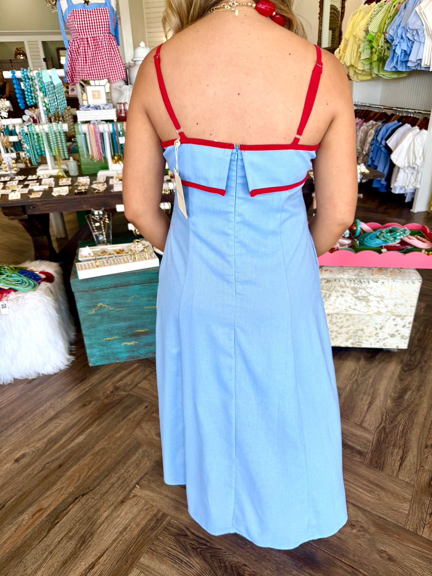 Red and Blue Trim Midi Dress