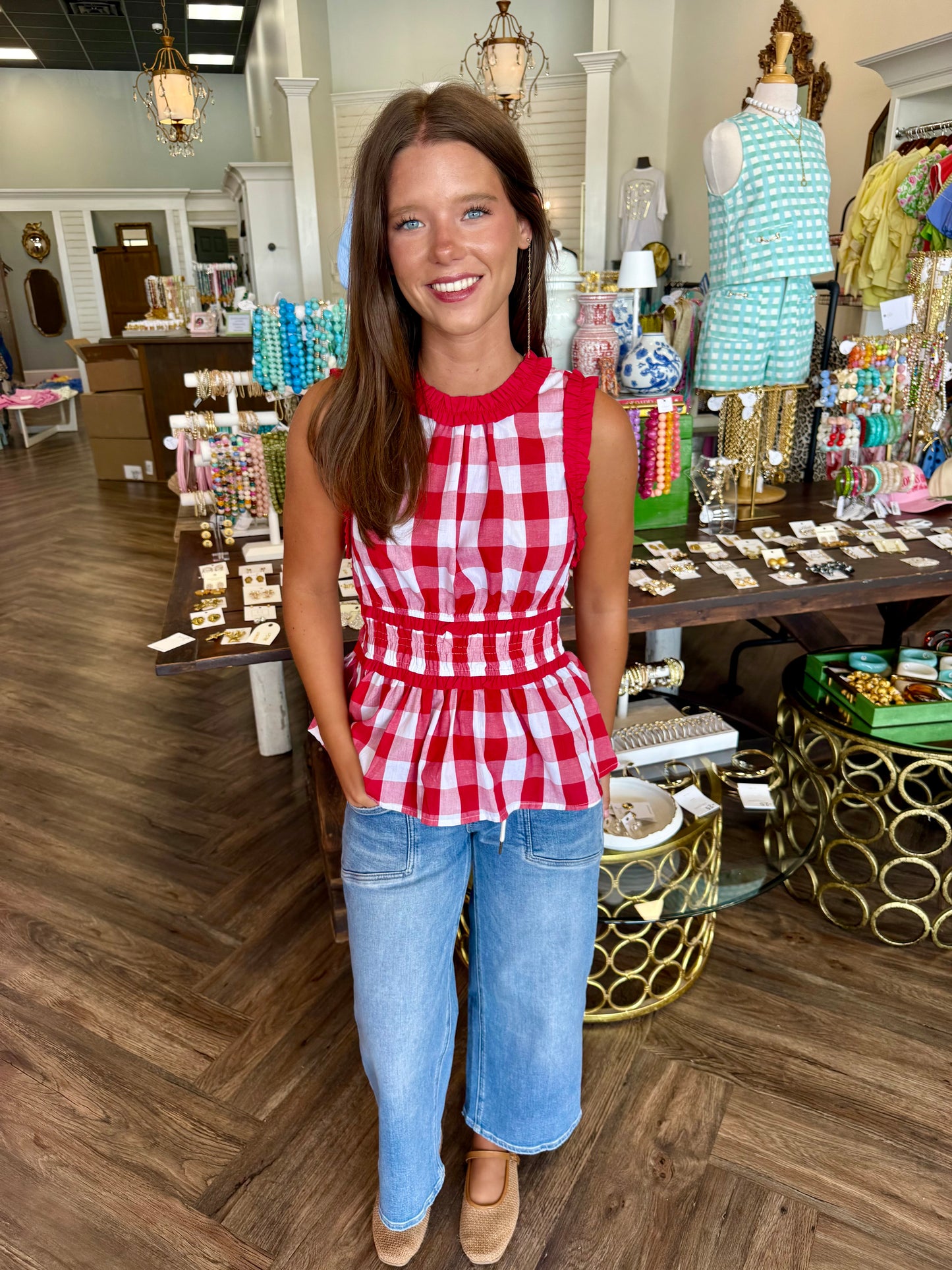 Picnic Gingham Peplum Top: Red
