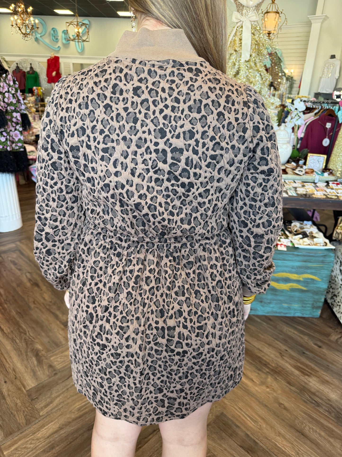 Drawstring Textured Leopard Dress