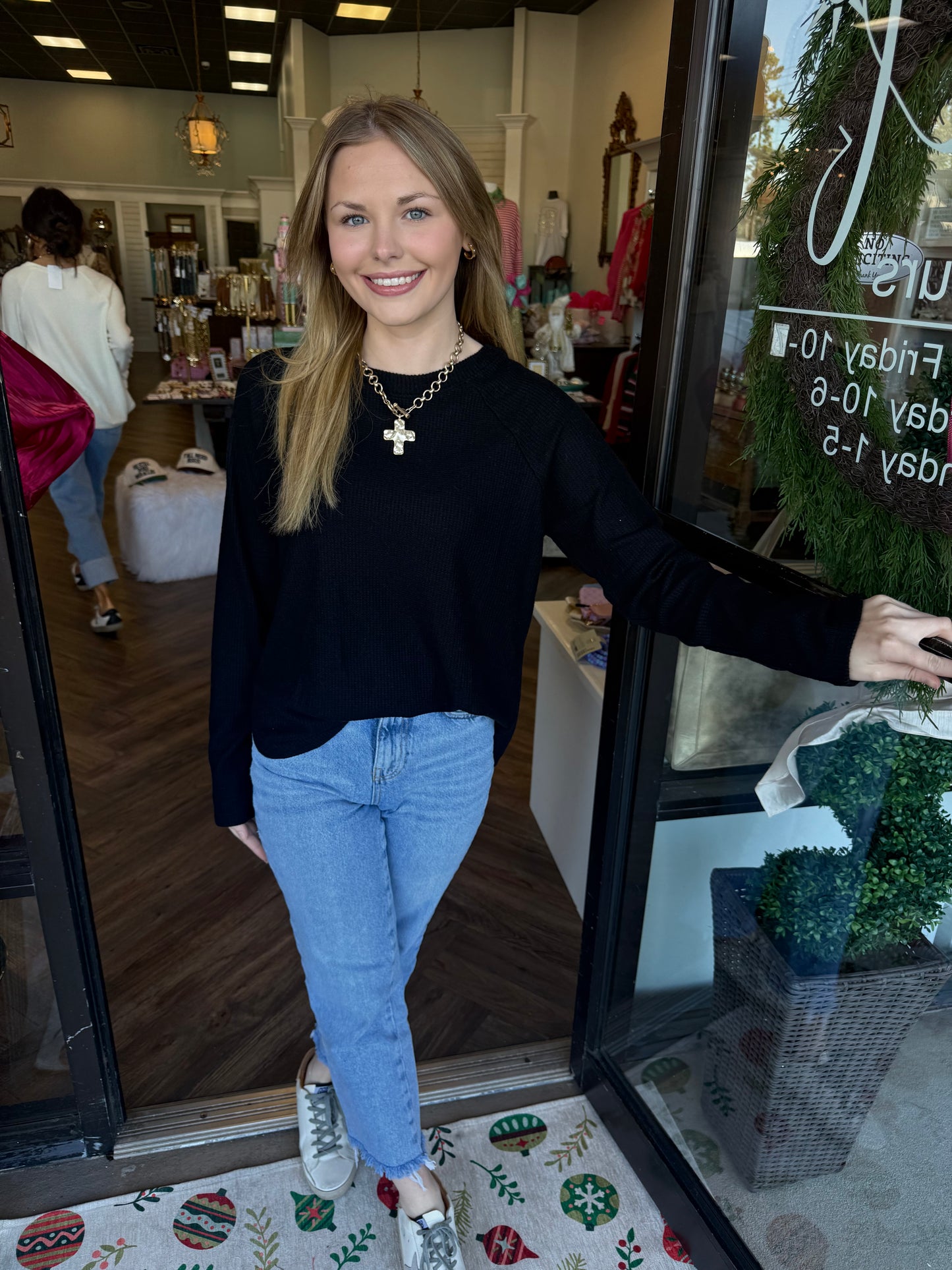 Sarah Waffle Top: Black