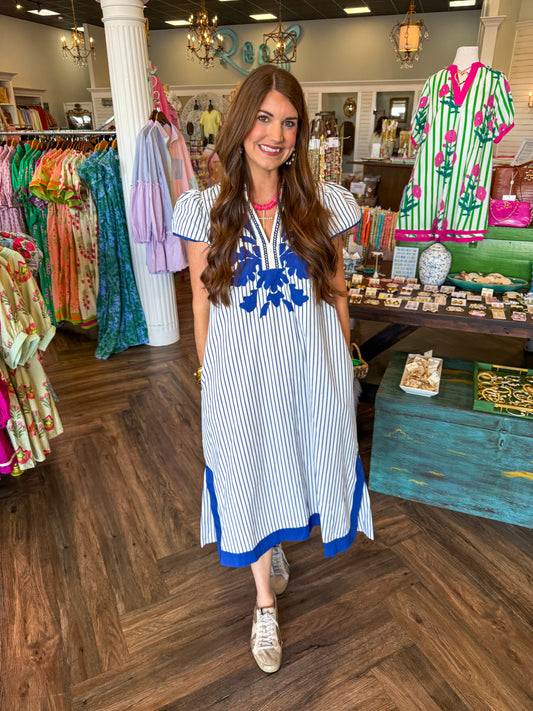 Sally Striped Embroidered Midi: Blue
