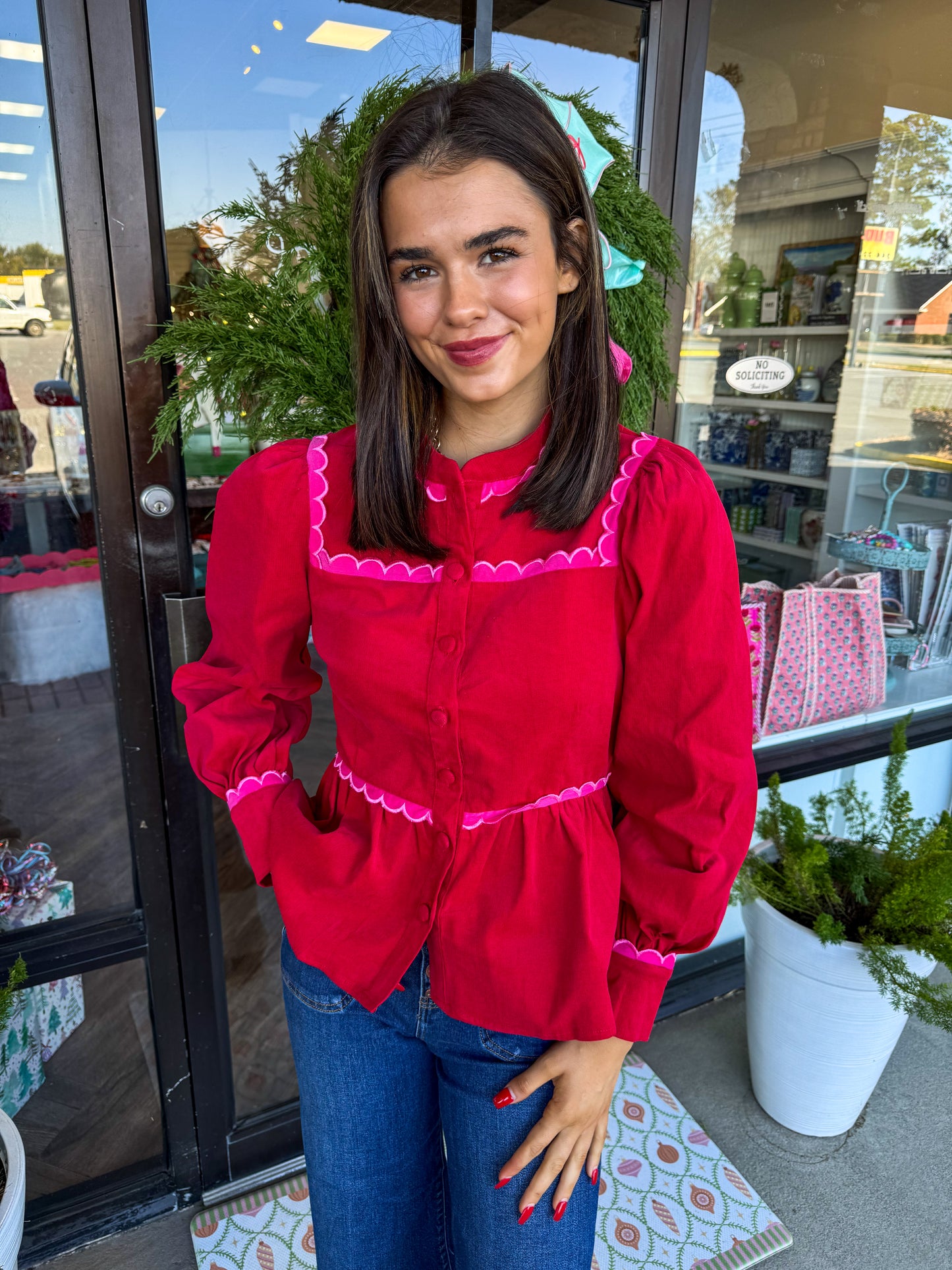 Red and Pink Corduroy Peplum Top