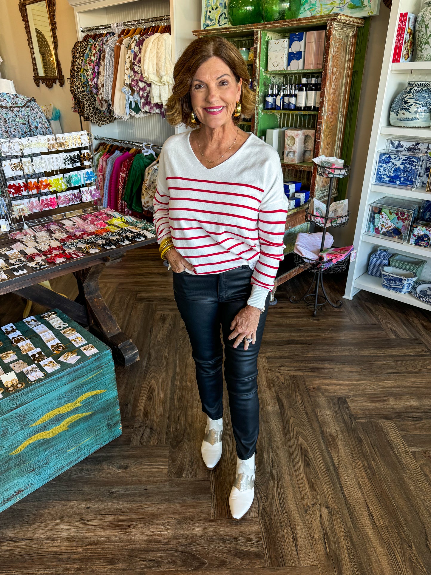 V-Neck Soft Stripe Sweater: Red