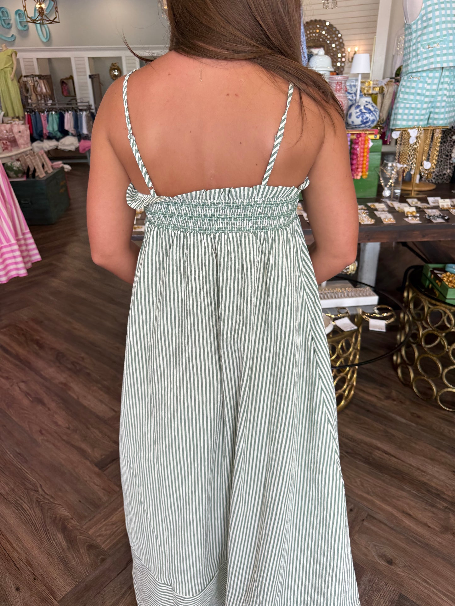 Caylie Smock Stripe Maxi Dress: Olive