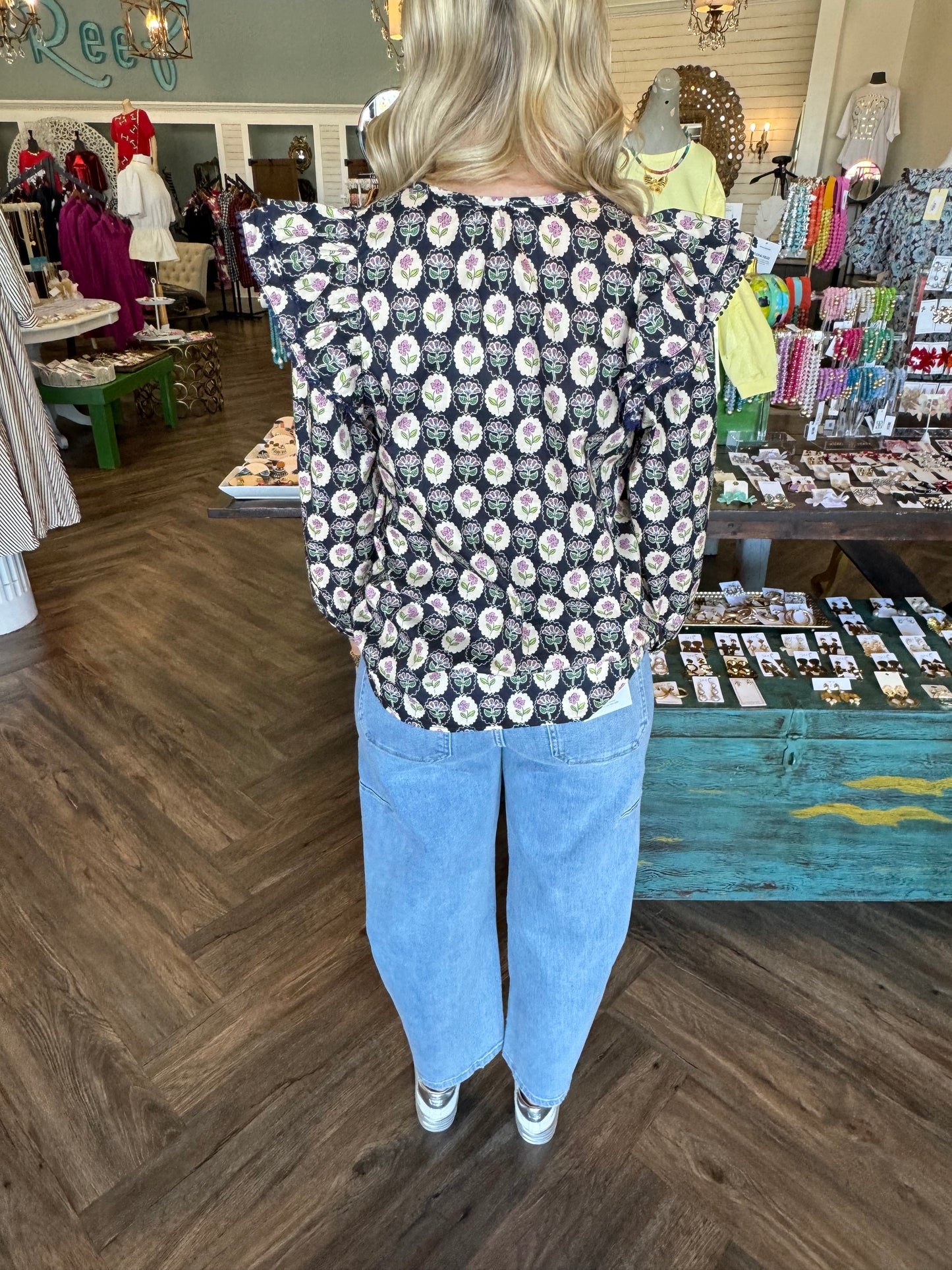 Floral Medallion Top: Navy