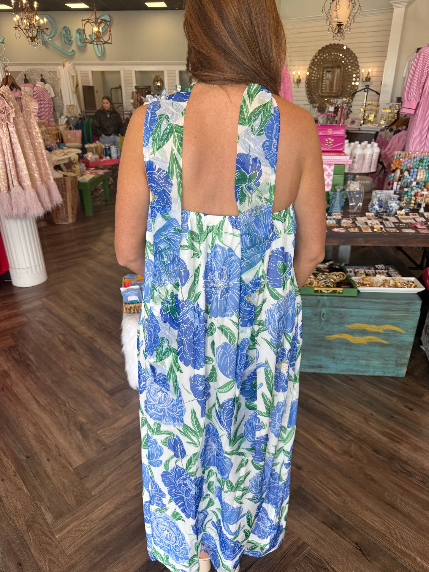 Strapless Convertible Scarf Dress: Blue Floral