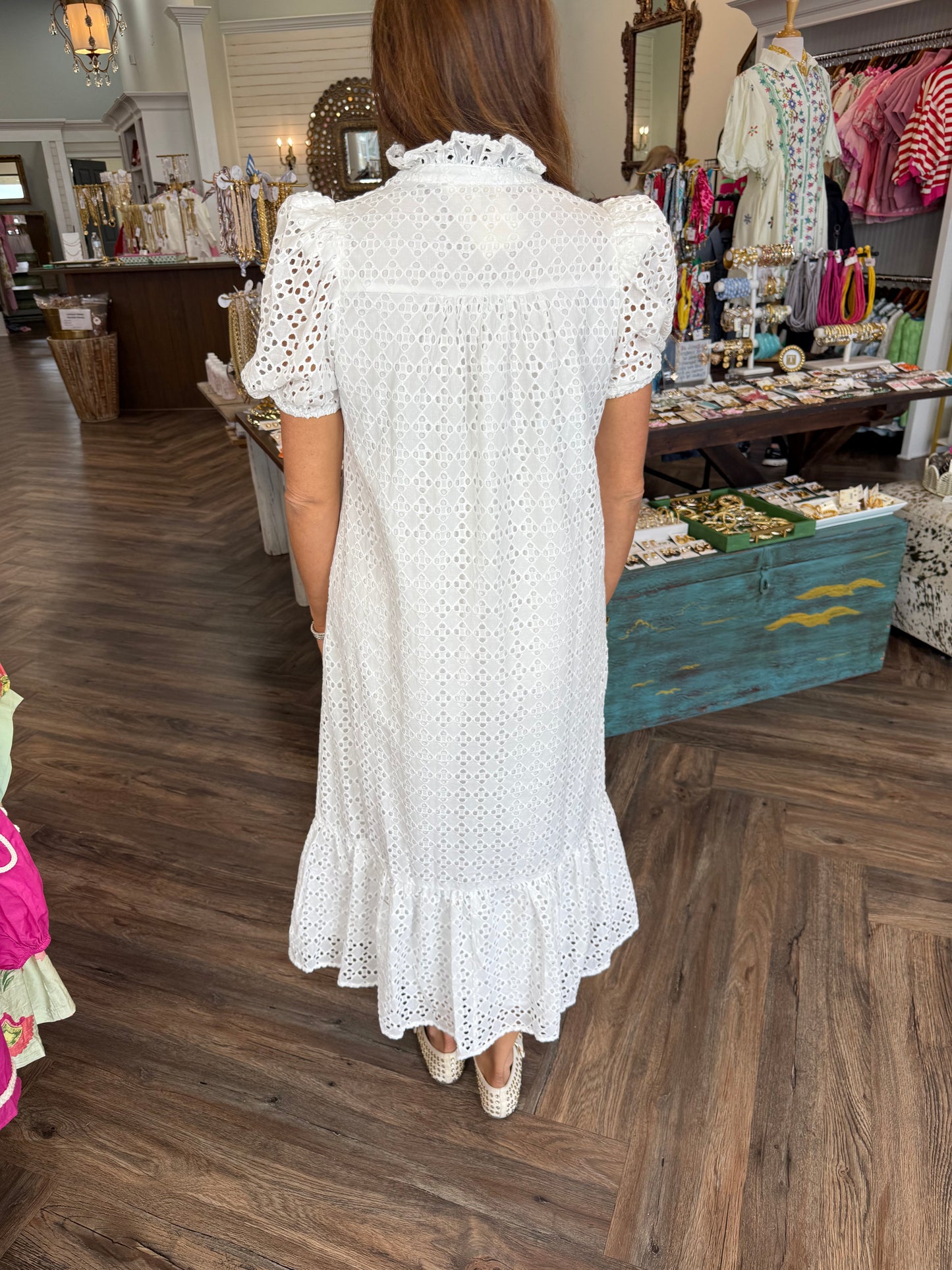 Eyelet Mock Neck Midi Dress: White