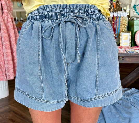 Pull On Smocked Shorts: Denim