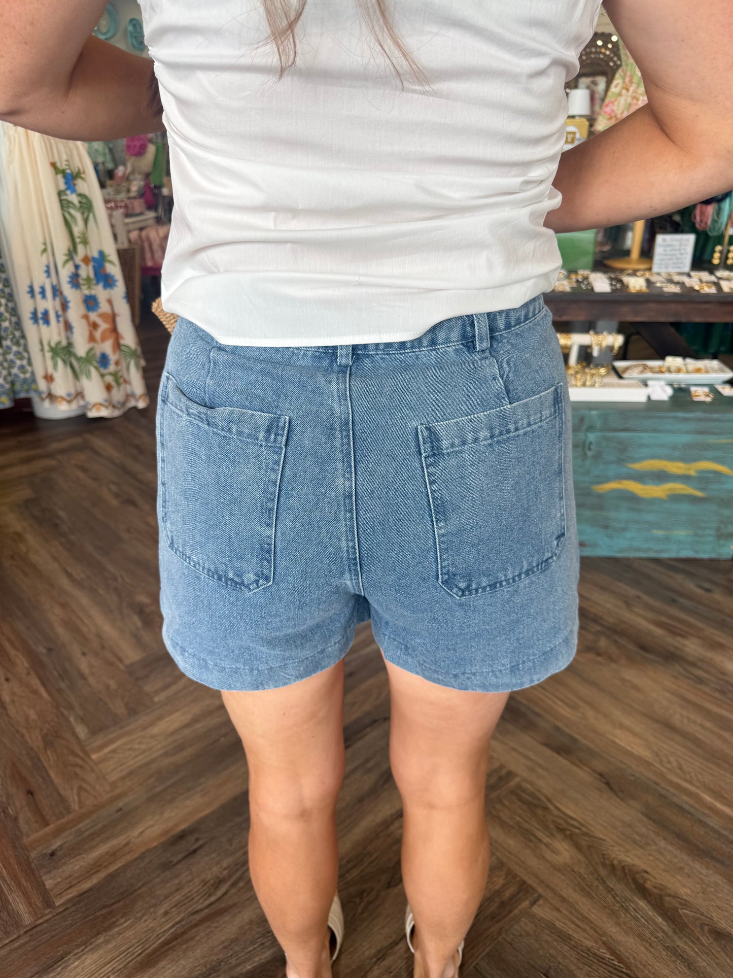 Horsebit Pocket Shorts: Denim