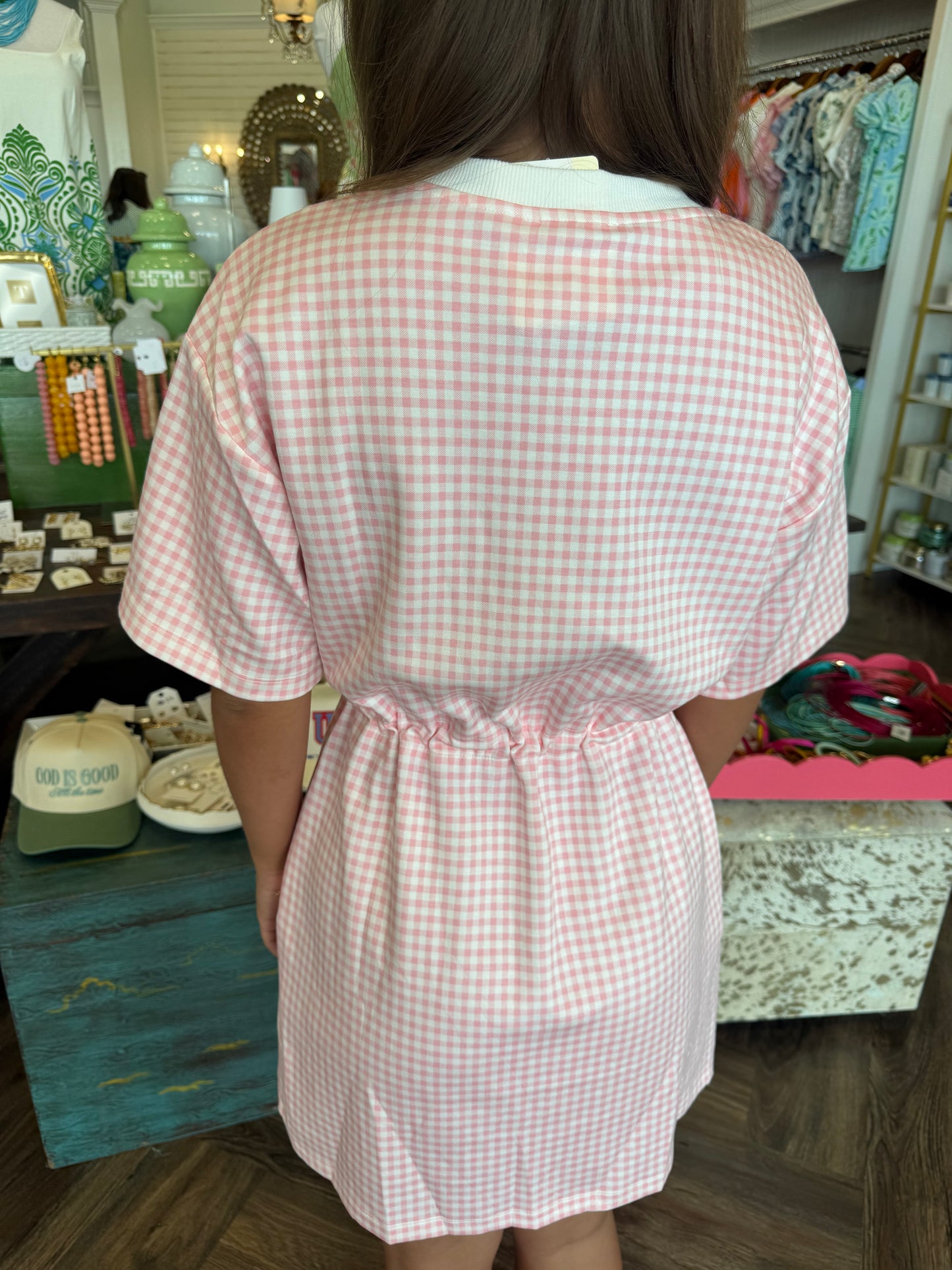 Pink Gingham Drawstring Dress