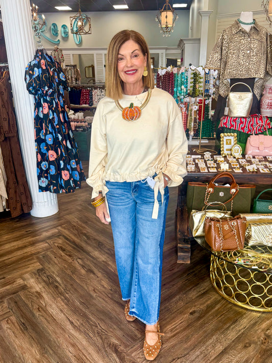 Girly Side Tie Top: Ecru