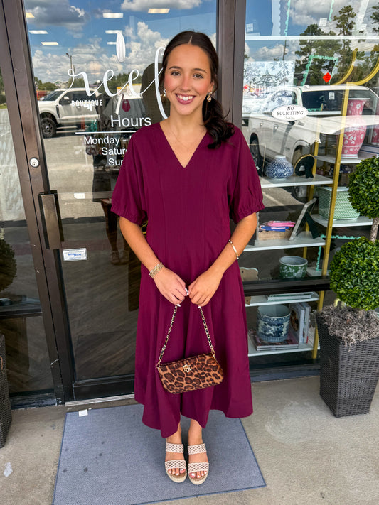 Suzi Solid Midi Dress: Burgandy