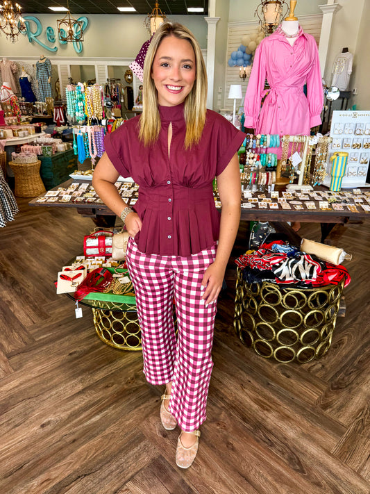 Gingham Check Pants: Burgandy