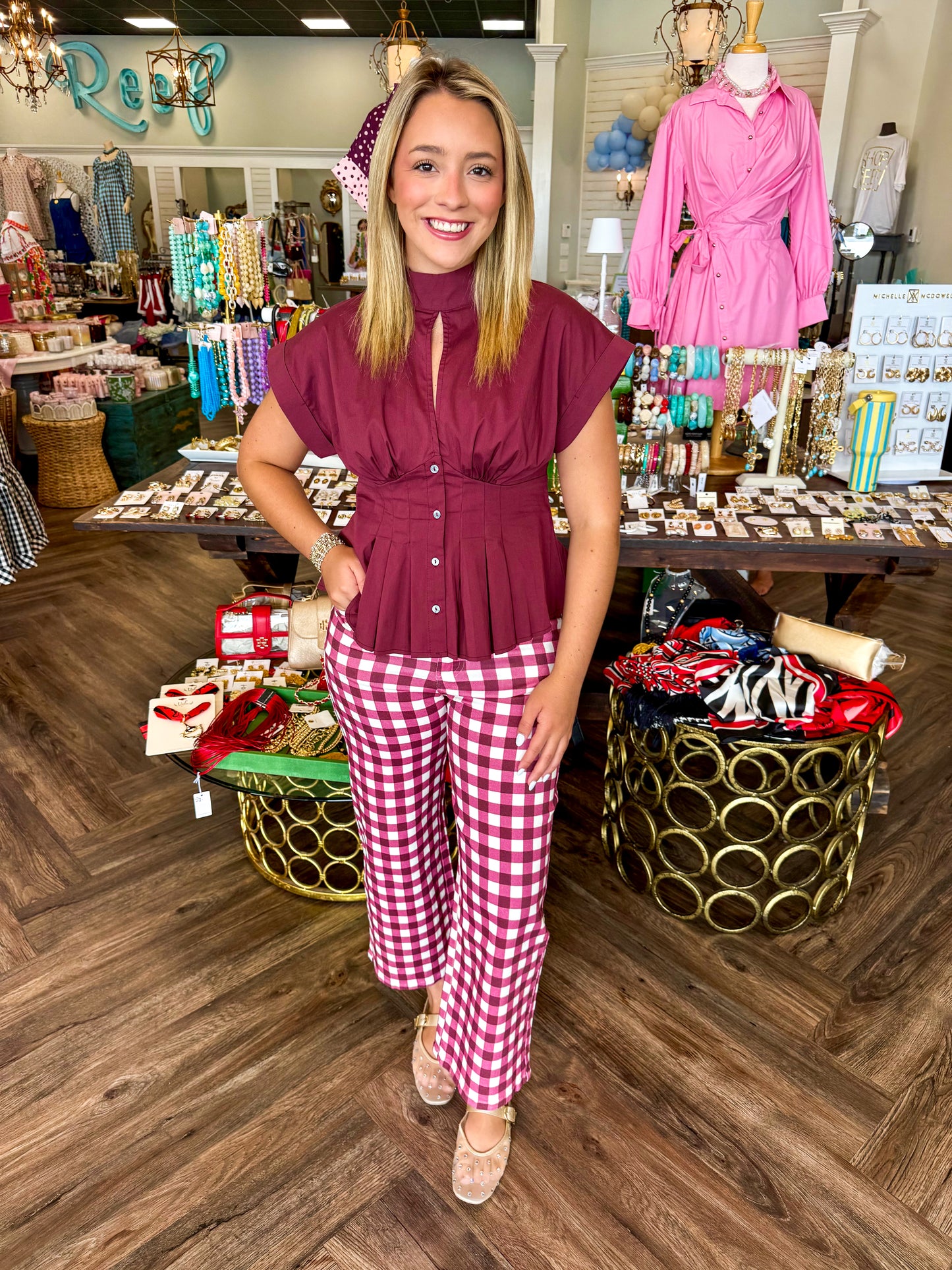 Gingham Check Pants: Burgandy