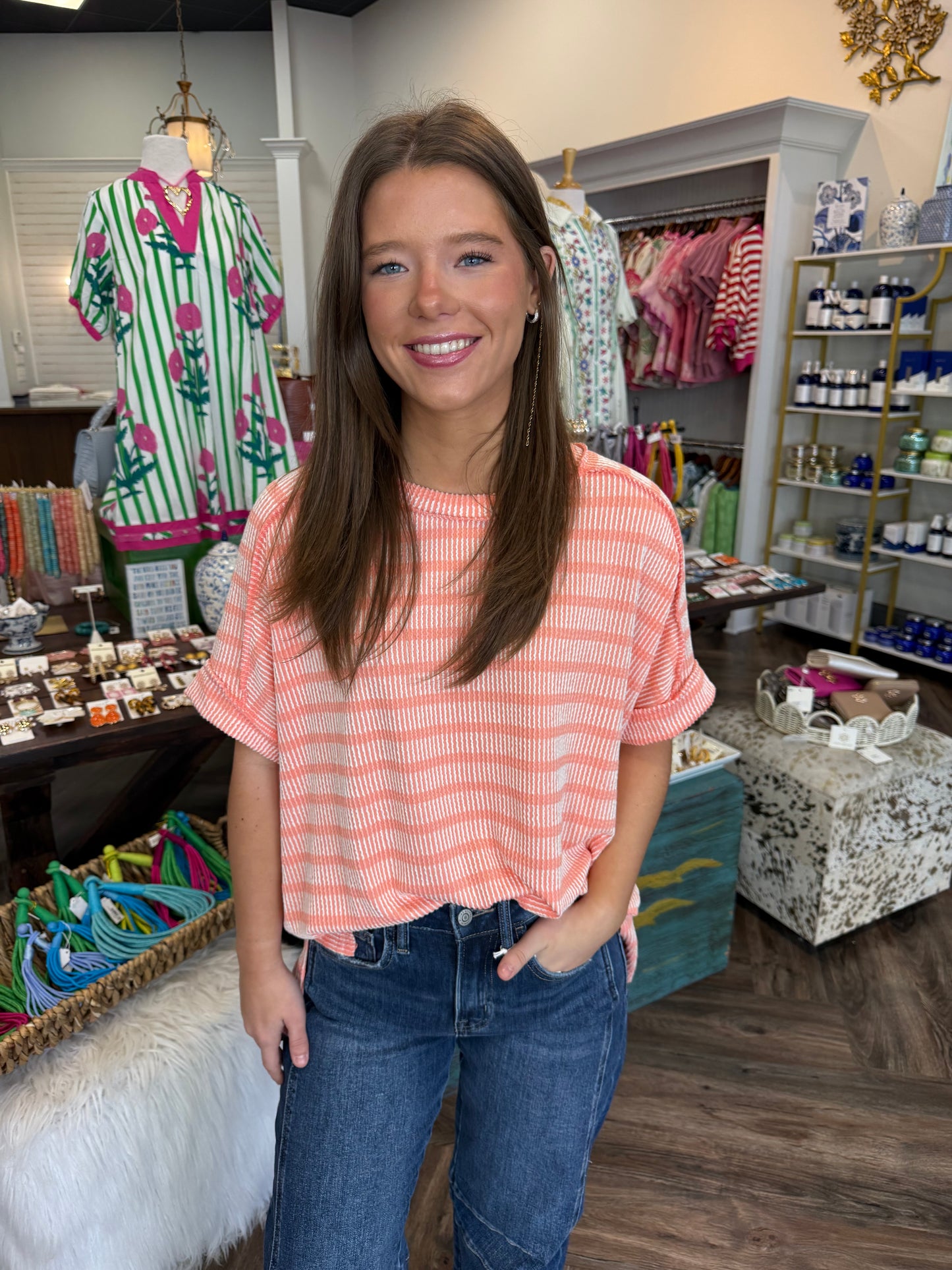 Shayla Stripe Rib Top: Coral