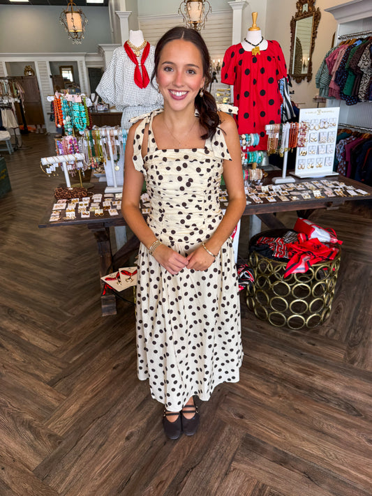 Darling Dot Midi Dress: Tan/Brown