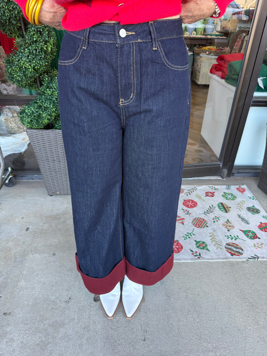 Indigo Wide Leg Cuffed Pants