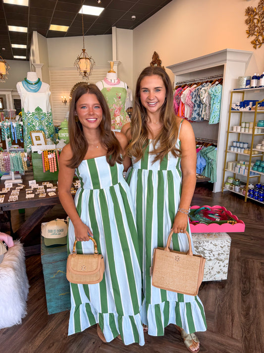 Green and Blue Striped Maxi Dress
