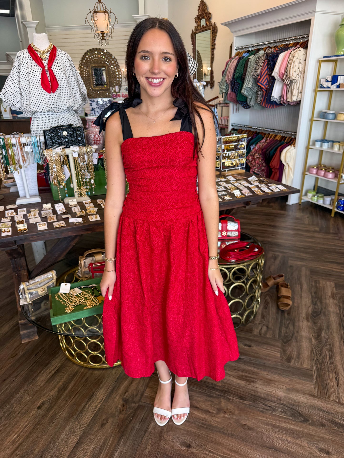 Jacquard Red/Black Midi Dress
