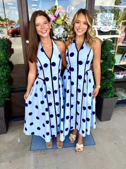 Navy Polka Dot Halter Midi Dress