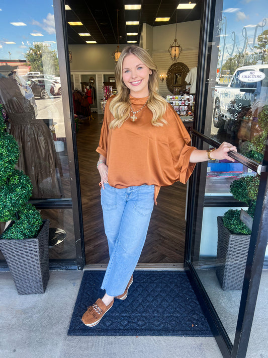 Satin Mock Neck Top: Camel