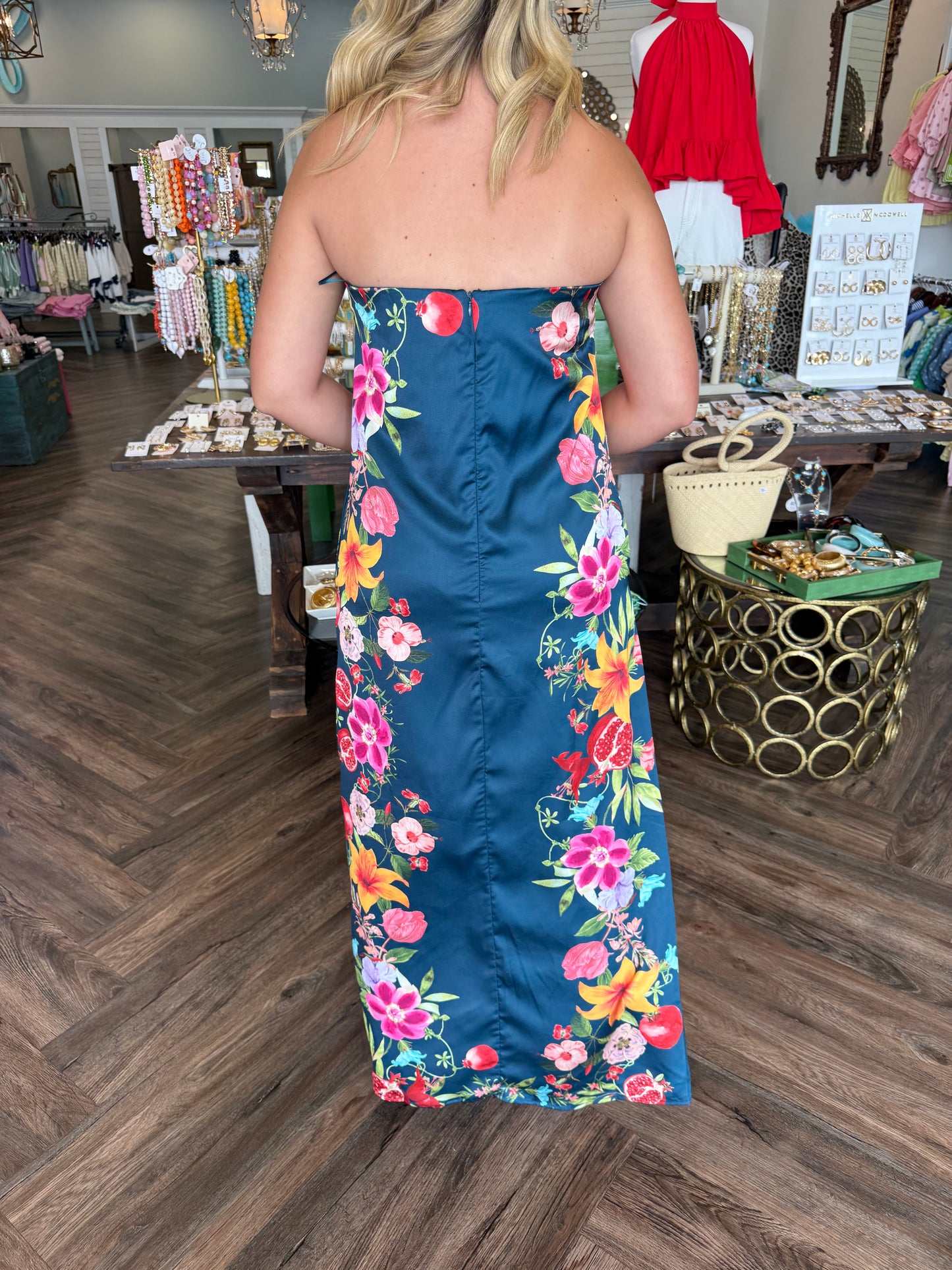 Strapless Botanical Satin Dress