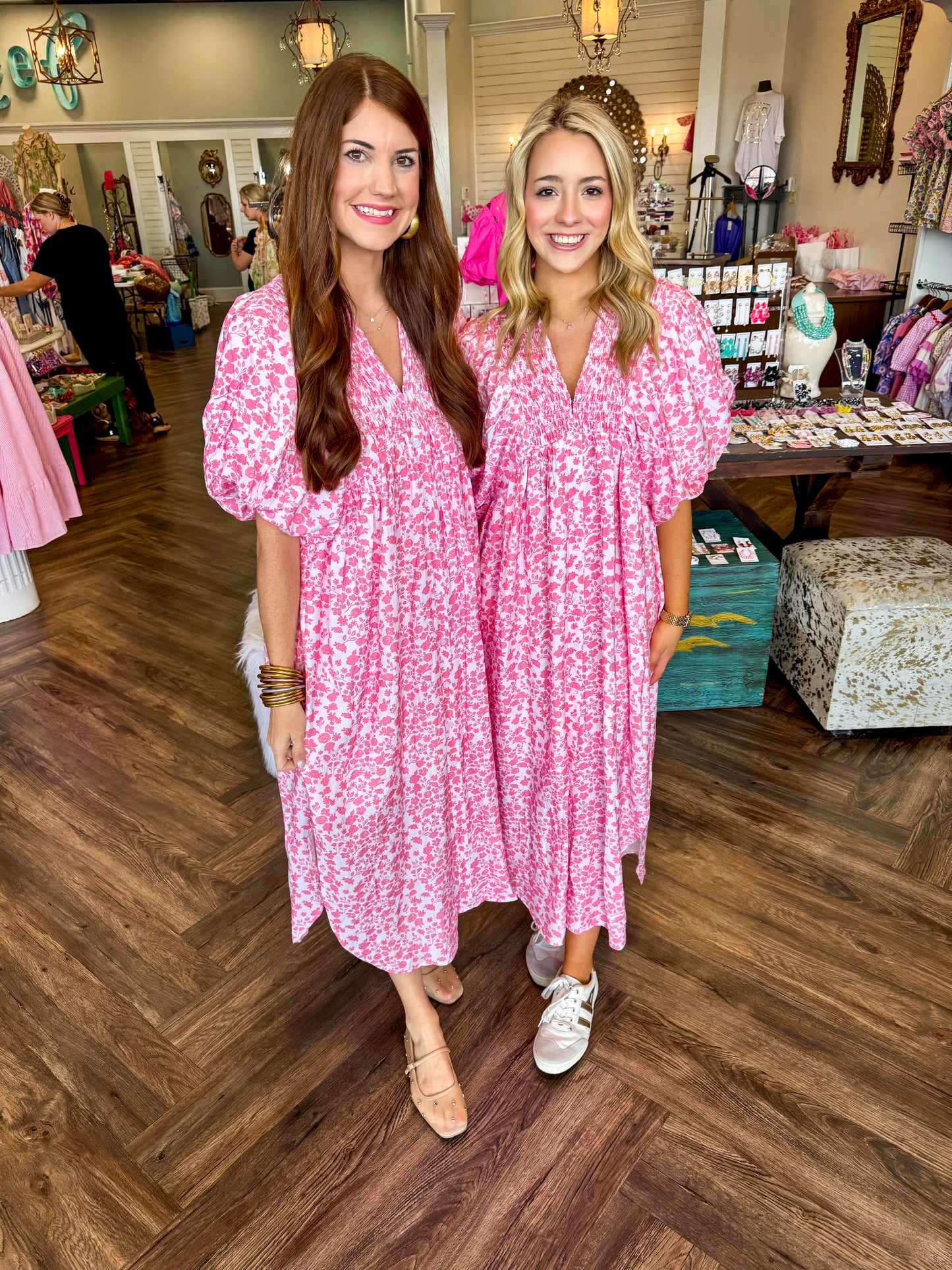 Smocked Pink Midi Dress: Floral