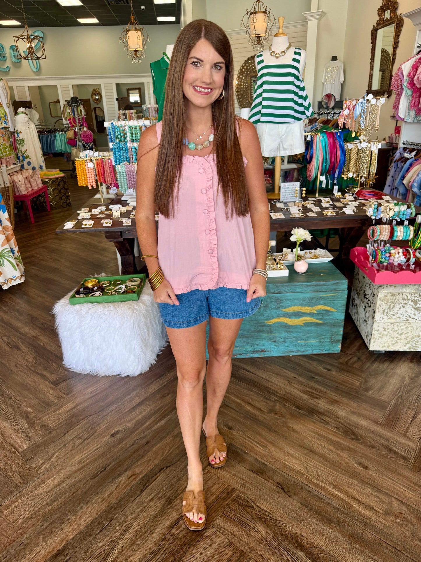 Ruffle Button Tank Top: Pink