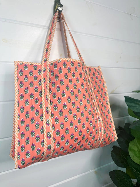 Quilted Tote Bag: Coral Floral